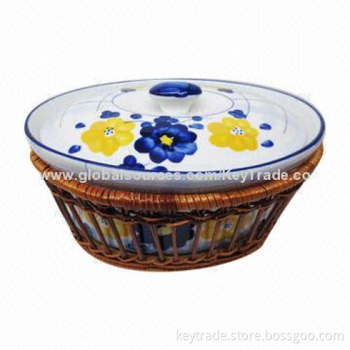 Fine Porcelain 8-11-inch Oval Tureen with Basket, Hand Paint